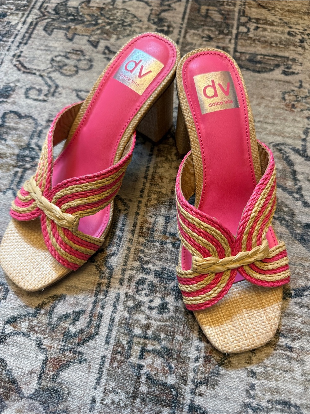 Dolce Vita Hot Pink Braided Raffia Block Heel Slides